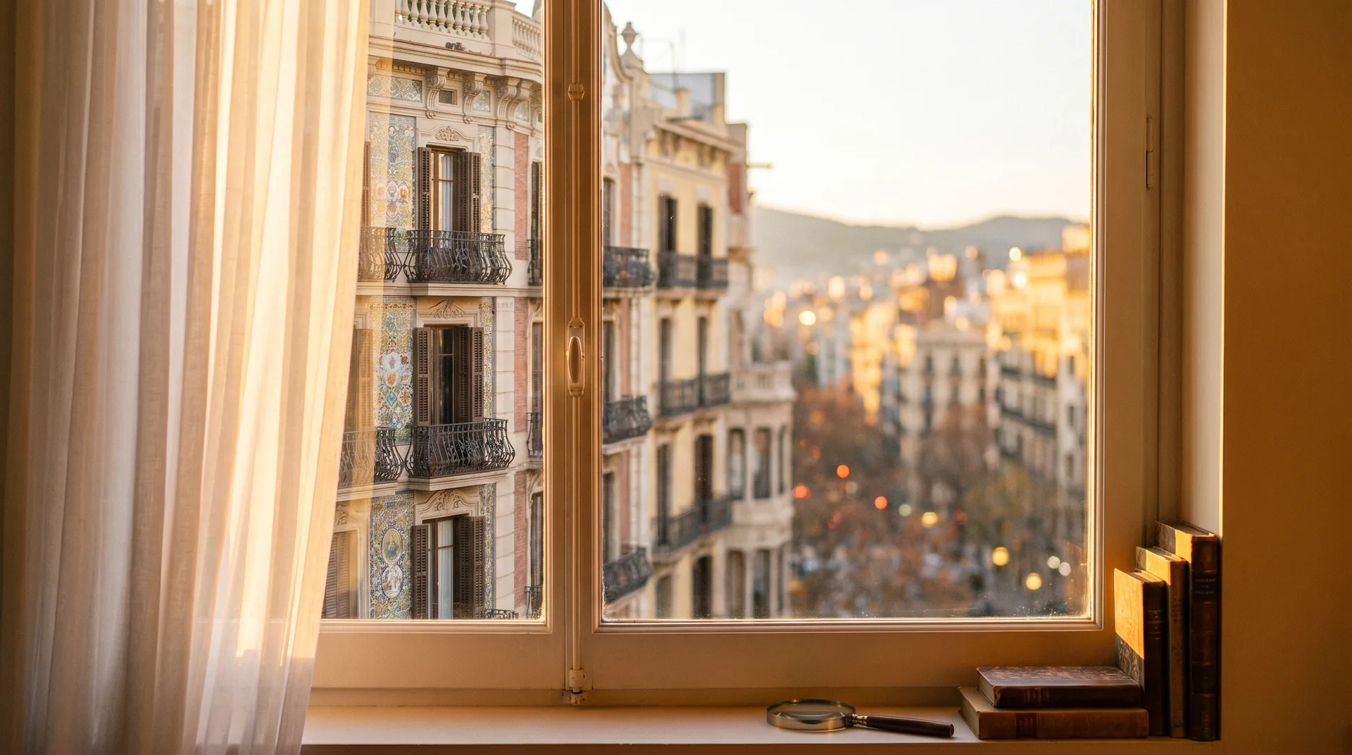 Luz dorada del atardecer sobre las fachadas modernistas del Eixample vista desde una ventana