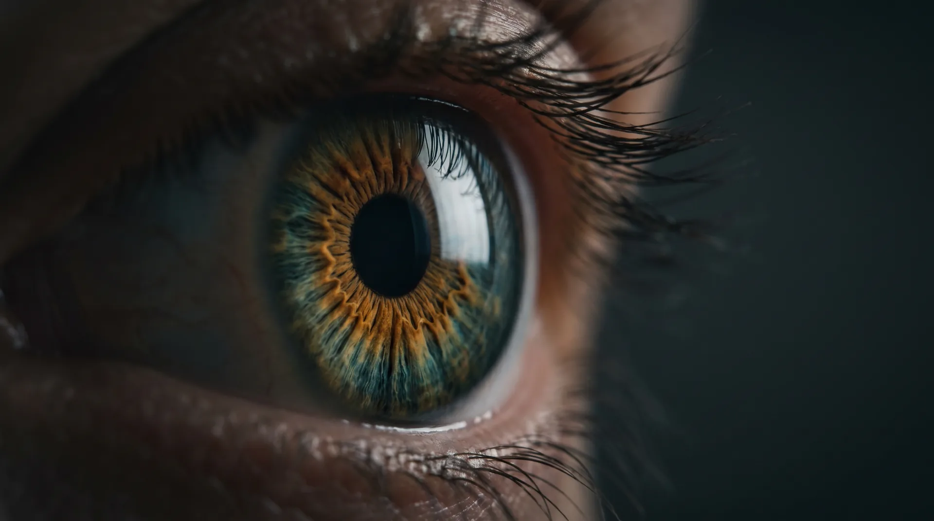 Macro de un ojo humano con el iris ámbar y verde en detalle