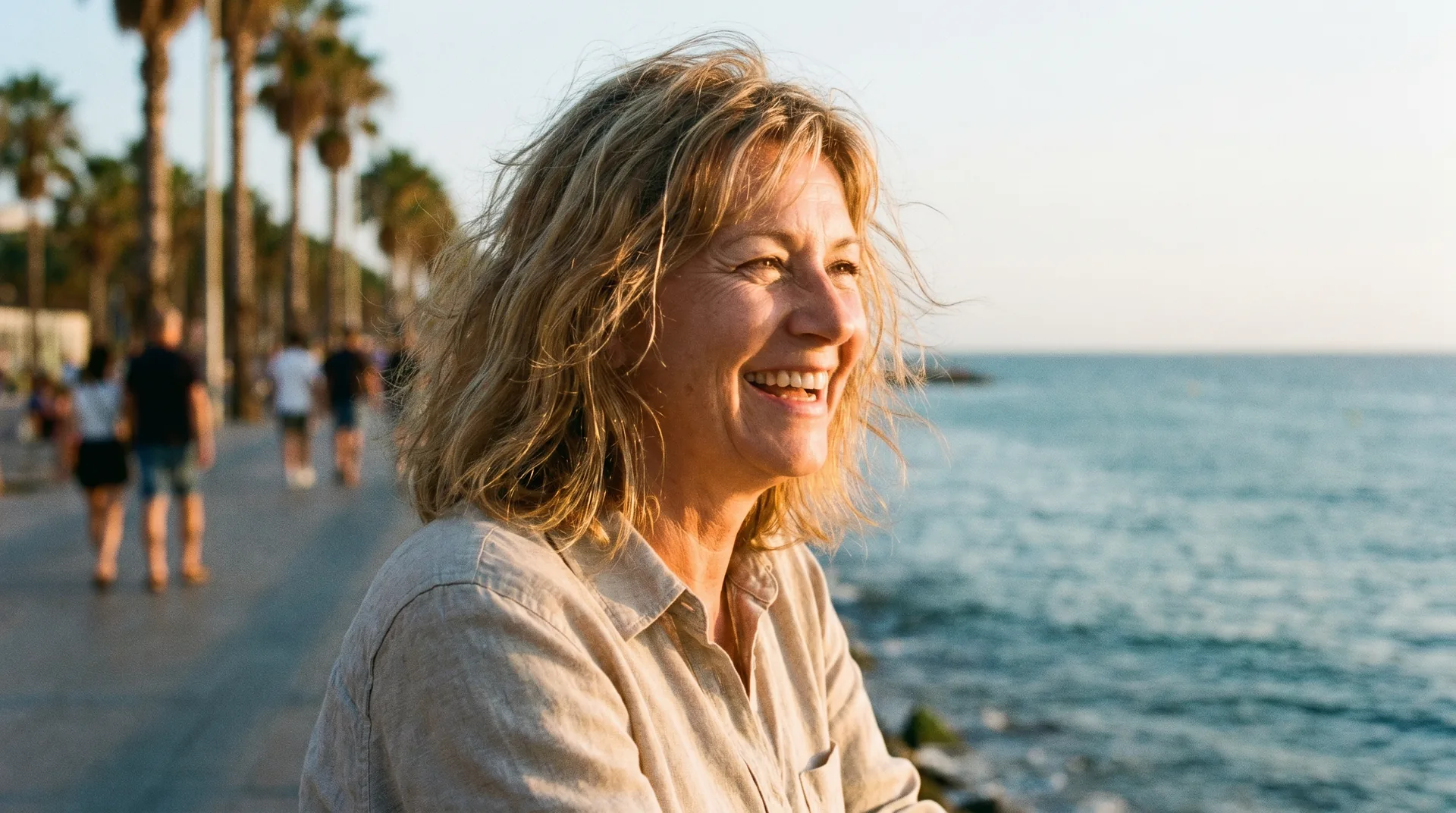 Mujer sonriente sin gafas frente al mar en el paseo marítimo de Barcelona